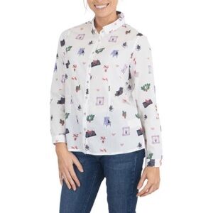 White Stuff Cat Print Long Sleeve Button Down Shirt Collared Top Size 8 *760